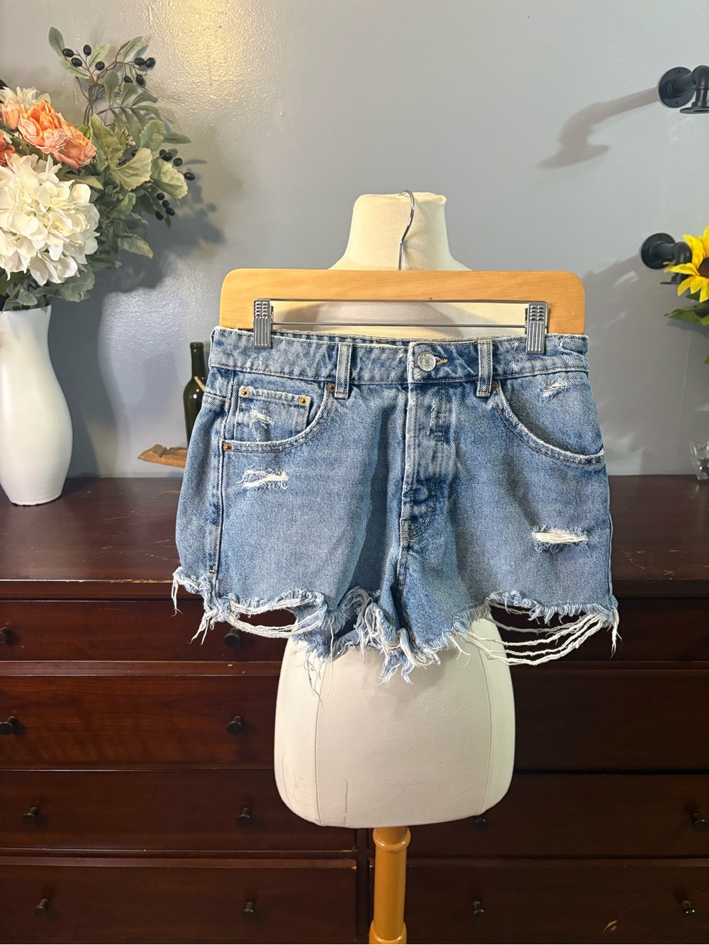 Zara Light Blue Distressed Denim Cutoff Shorts